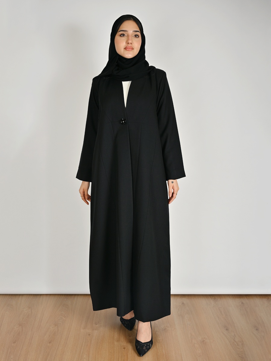 Black Formal Abaya with a Crystal Button Closure