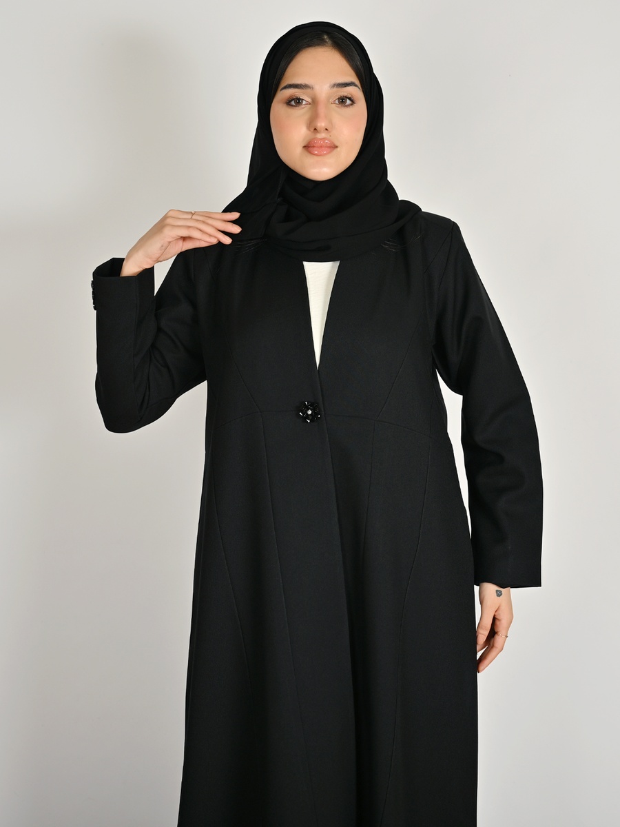 Black Formal Abaya with a Crystal Button Closure