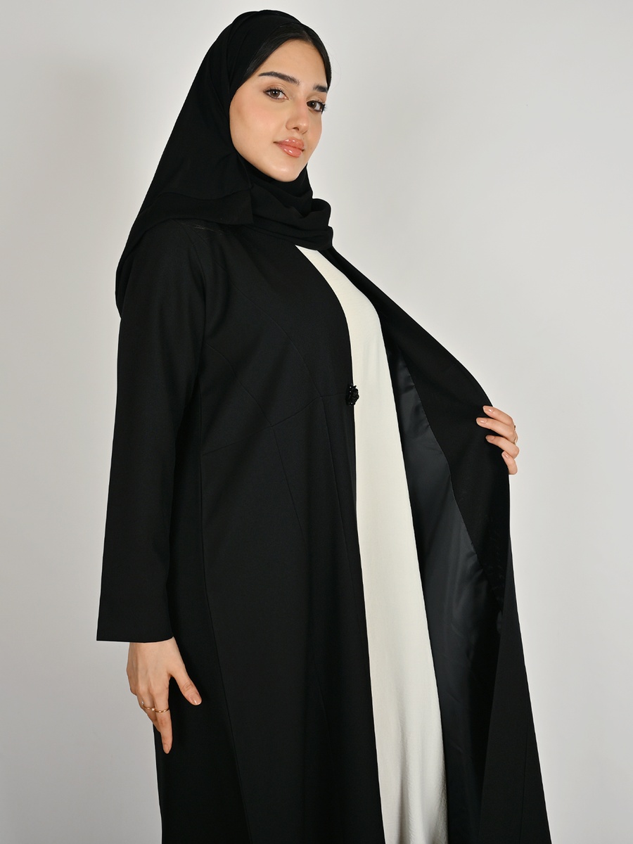 Black Formal Abaya with a Crystal Button Closure