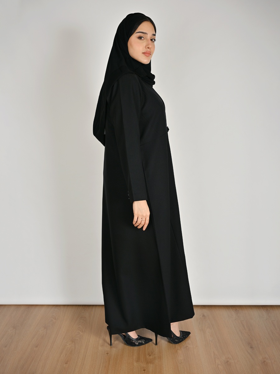 Black Formal Abaya with a Crystal Button Closure