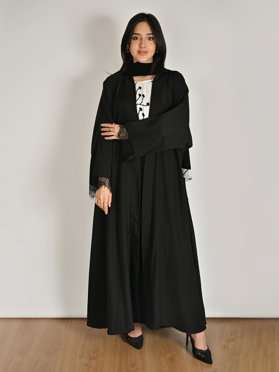 Black Floral Print Abaya with a Coordinated Inner Dress