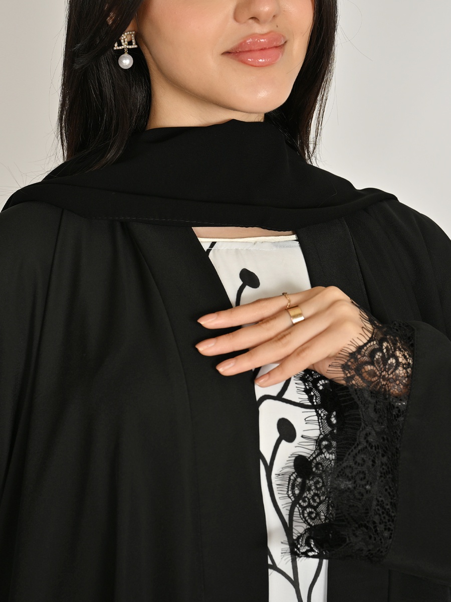 Black Floral Print Abaya with a Coordinated Inner Dress