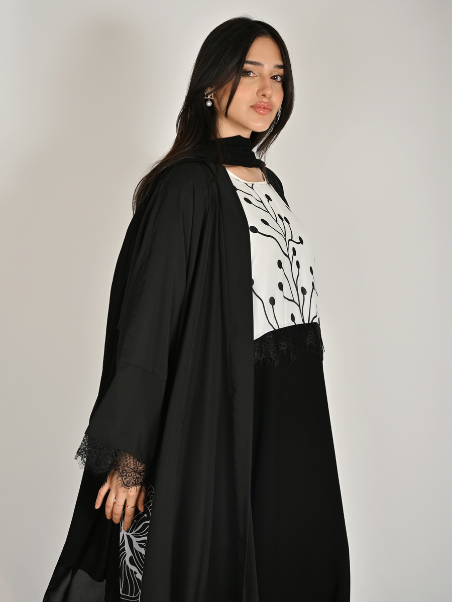 Black Floral Print Abaya with a Coordinated Inner Dress
