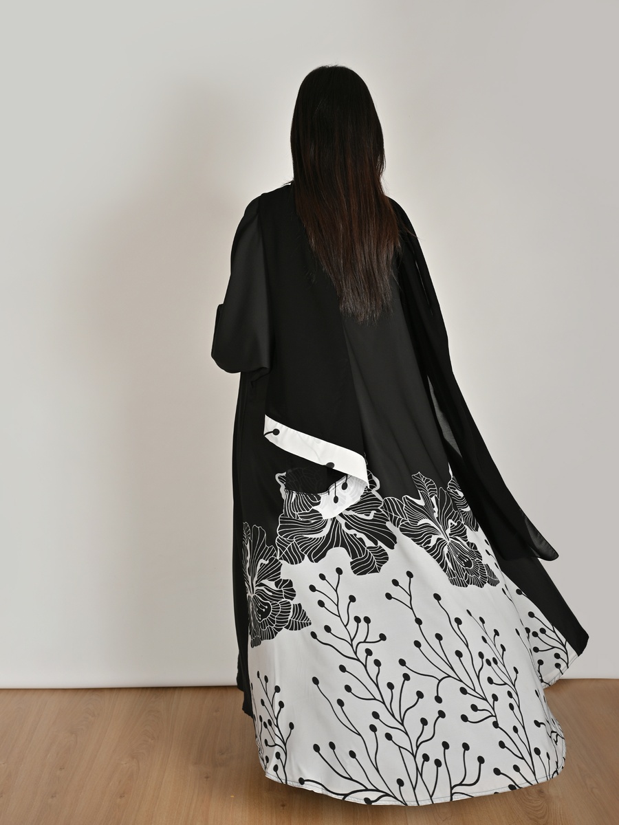 Black Floral Print Abaya with a Coordinated Inner Dress