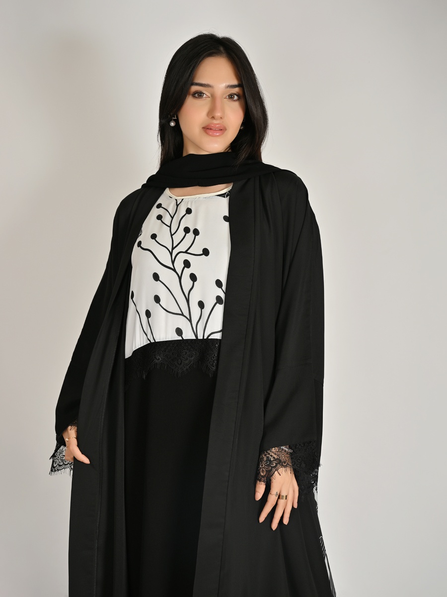 Black Floral Print Abaya with a Coordinated Inner Dress