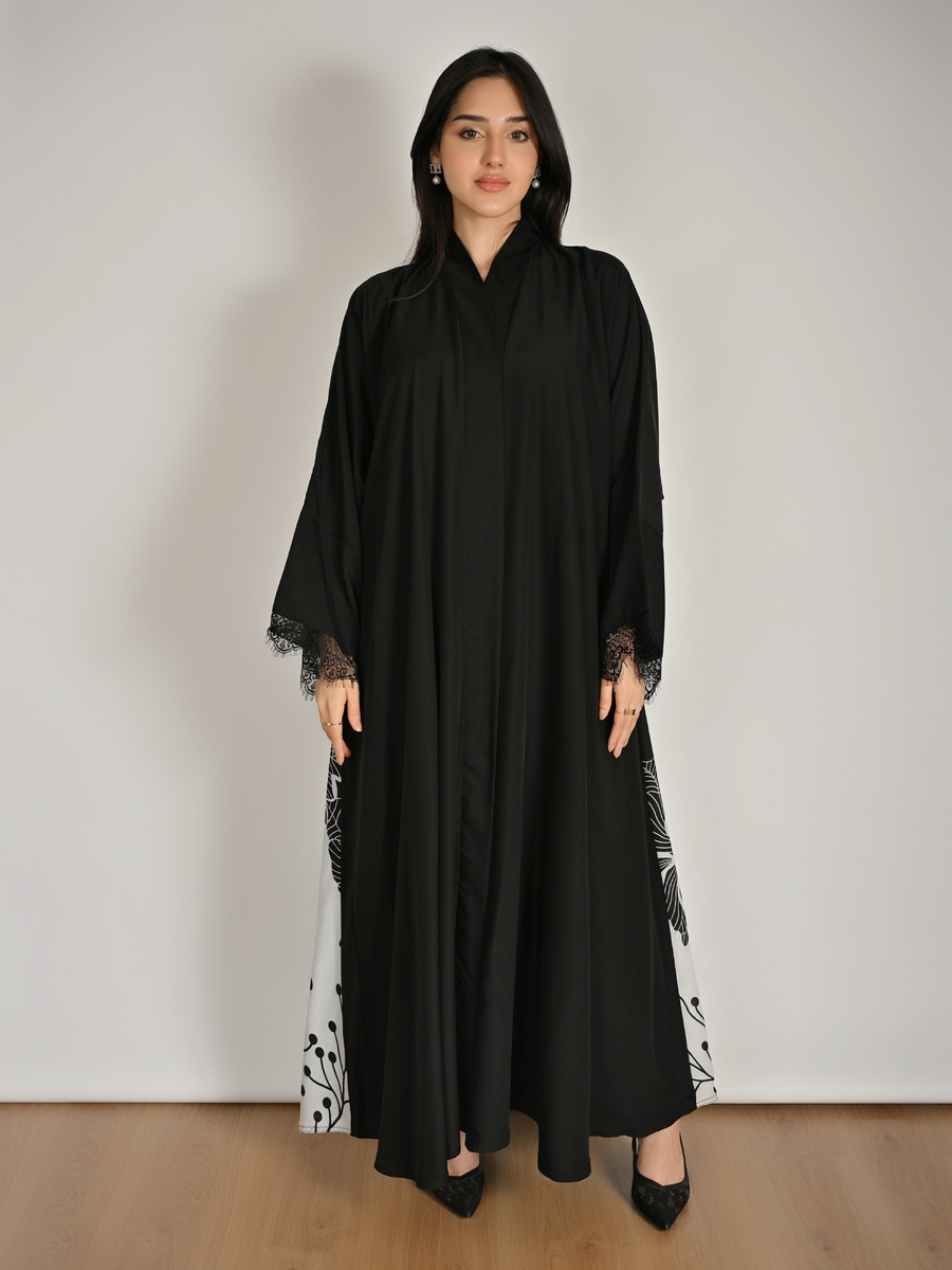 Black Floral Print Abaya with a Coordinated Inner Dress