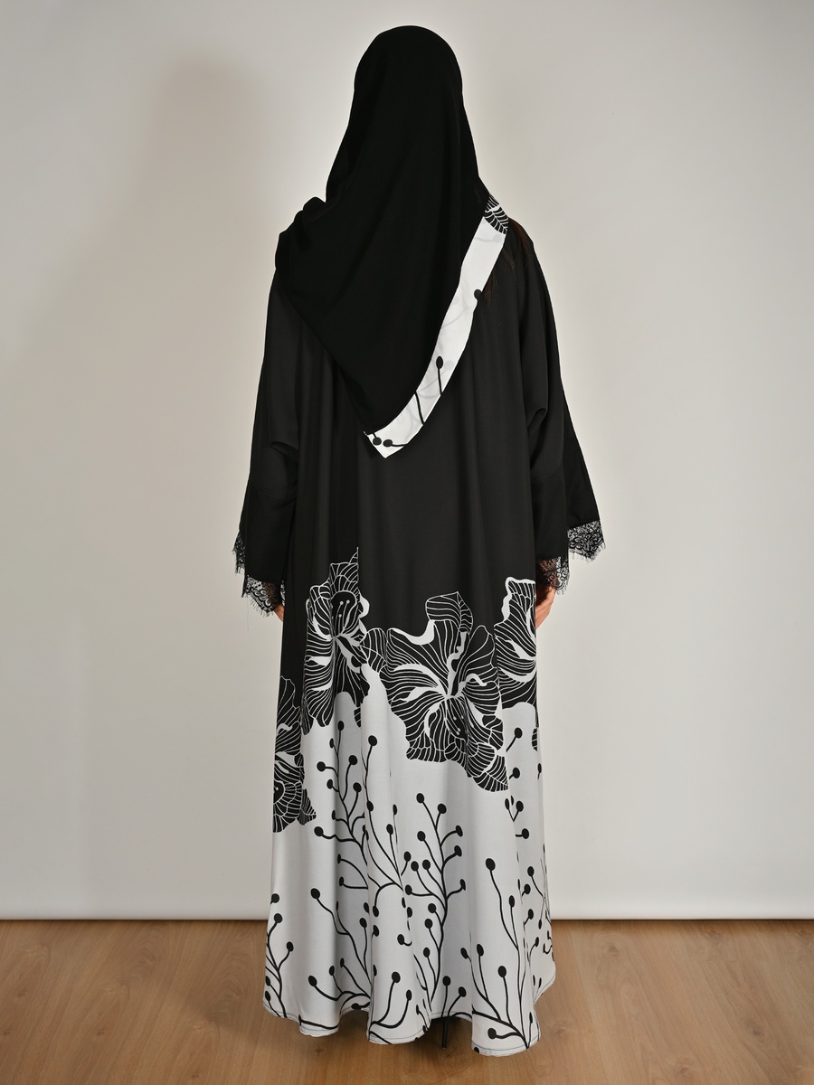 Black Floral Print Abaya with a Coordinated Inner Dress