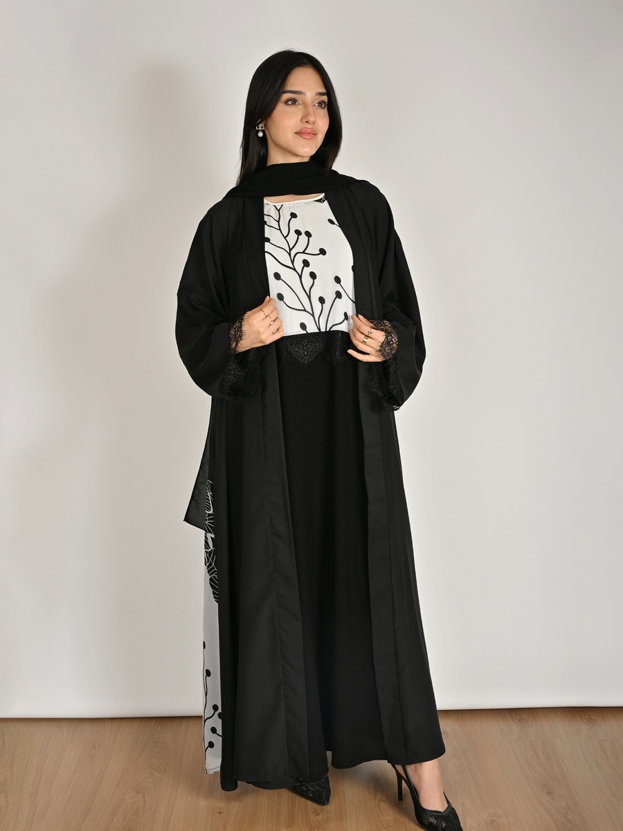 Black Floral Print Abaya with a Coordinated Inner Dress