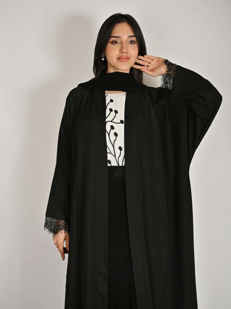 Black Floral Print Abaya with a Coordinated Inner Dress