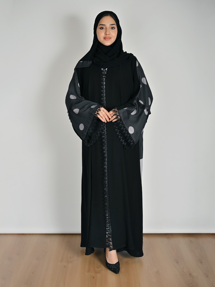 Black Wrap Abaya with Polka Dot and Lace Detail