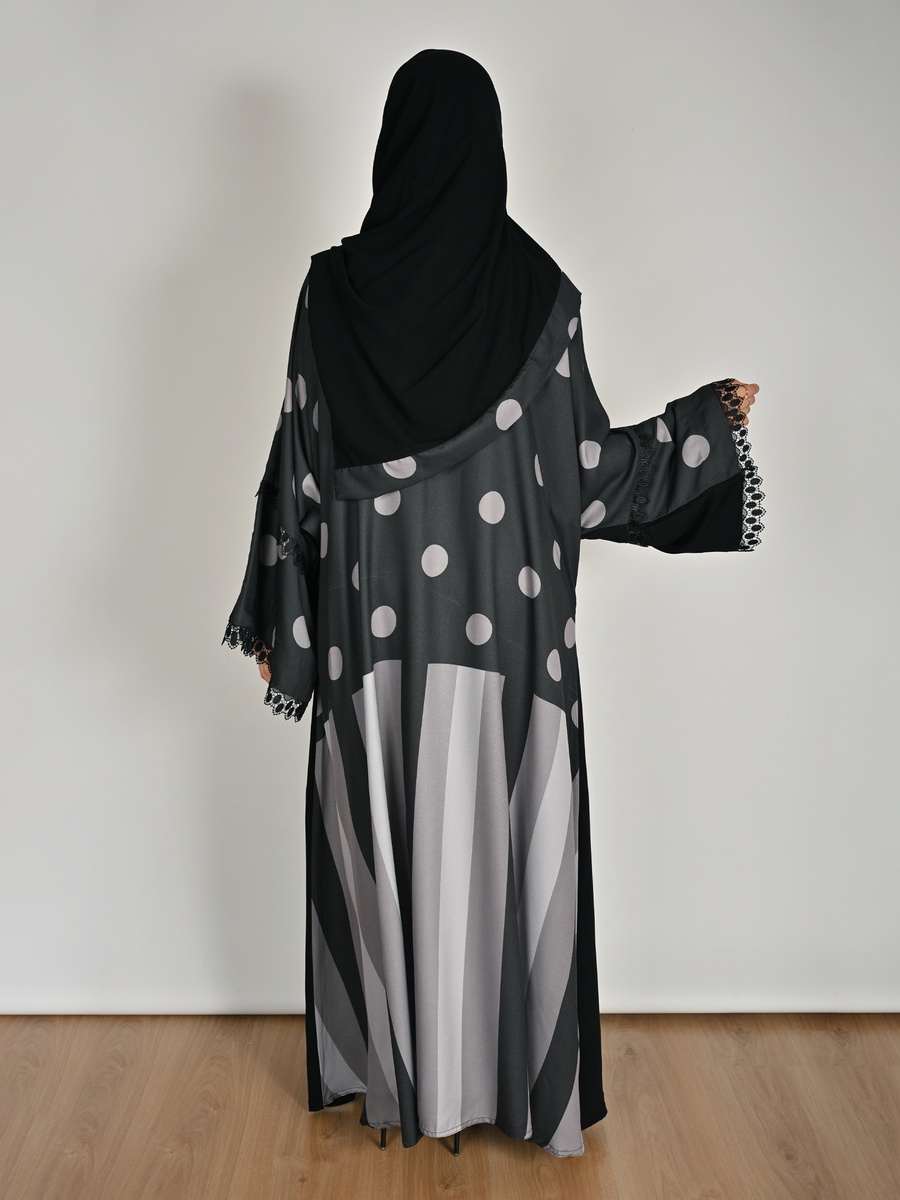 Black Wrap Abaya with Polka Dot and Lace Detail
