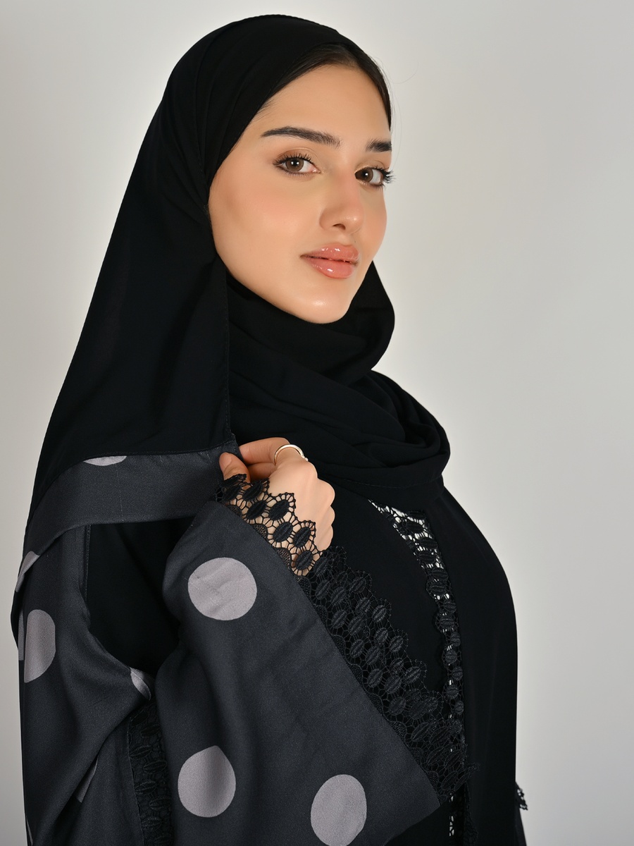 Black Wrap Abaya with Polka Dot and Lace Detail