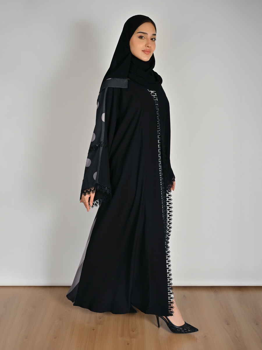 Black Wrap Abaya with Polka Dot and Lace Detail