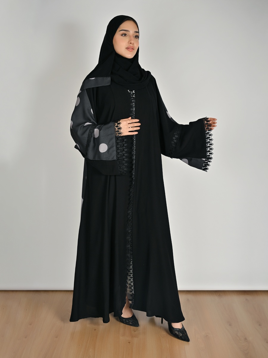 Black Wrap Abaya with Polka Dot and Lace Detail