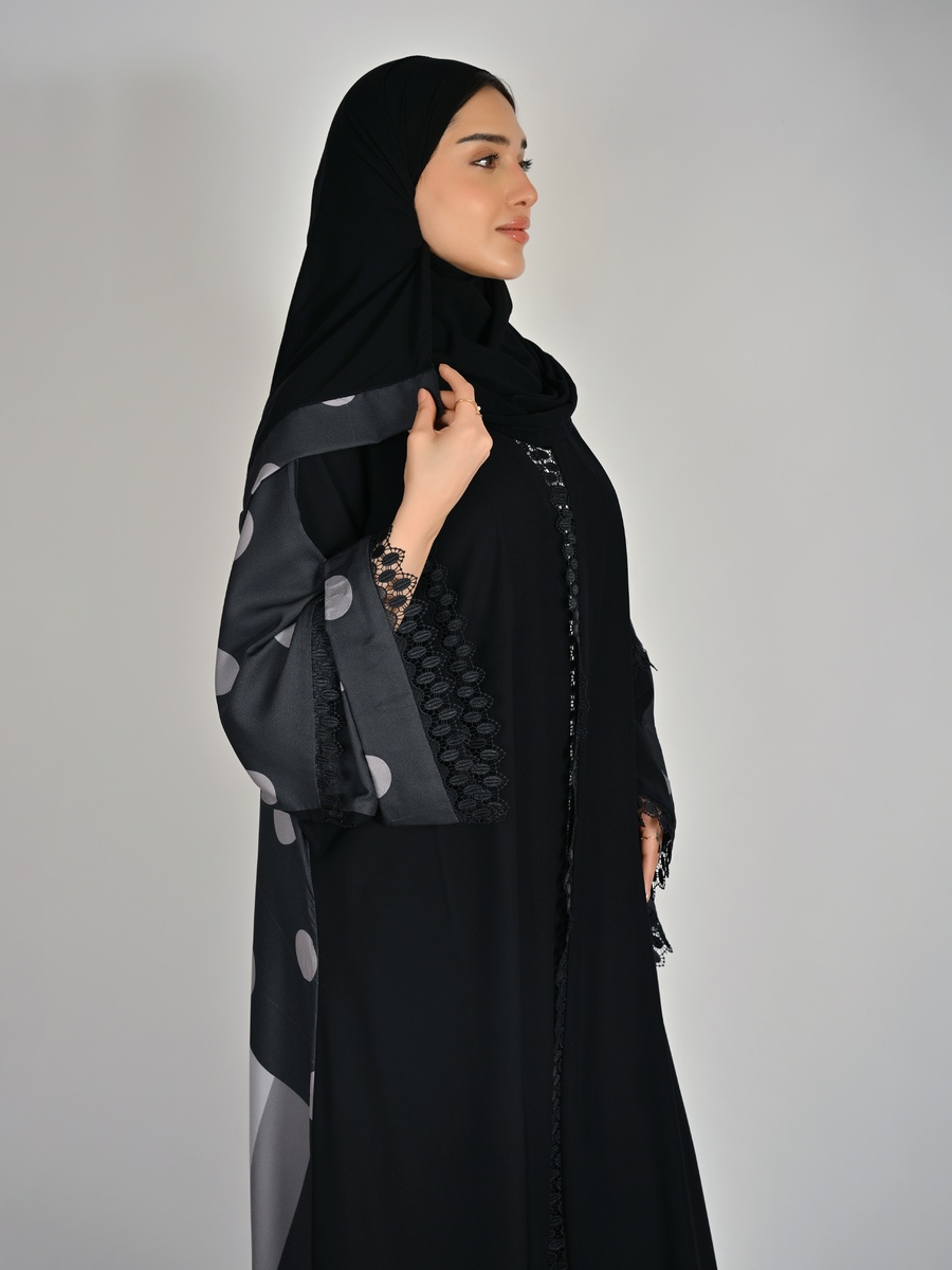Black Wrap Abaya with Polka Dot and Lace Detail