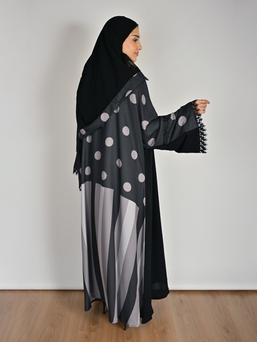 Black Wrap Abaya with Polka Dot and Lace Detail