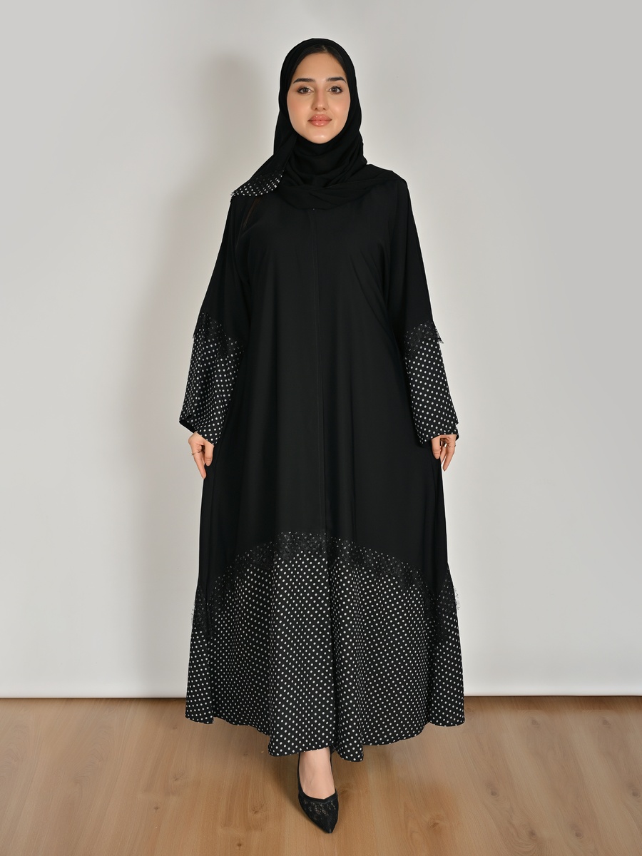 Black Wrap Abaya with Polka Dot and Lace Detail