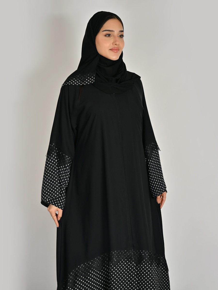 Black Wrap Abaya with Polka Dot and Lace Detail