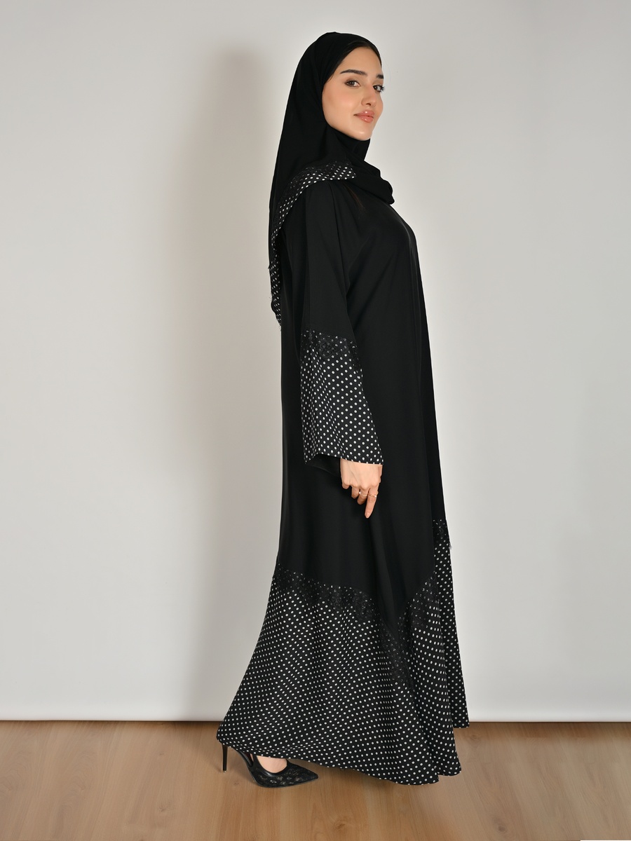 Black Wrap Abaya with Polka Dot and Lace Detail