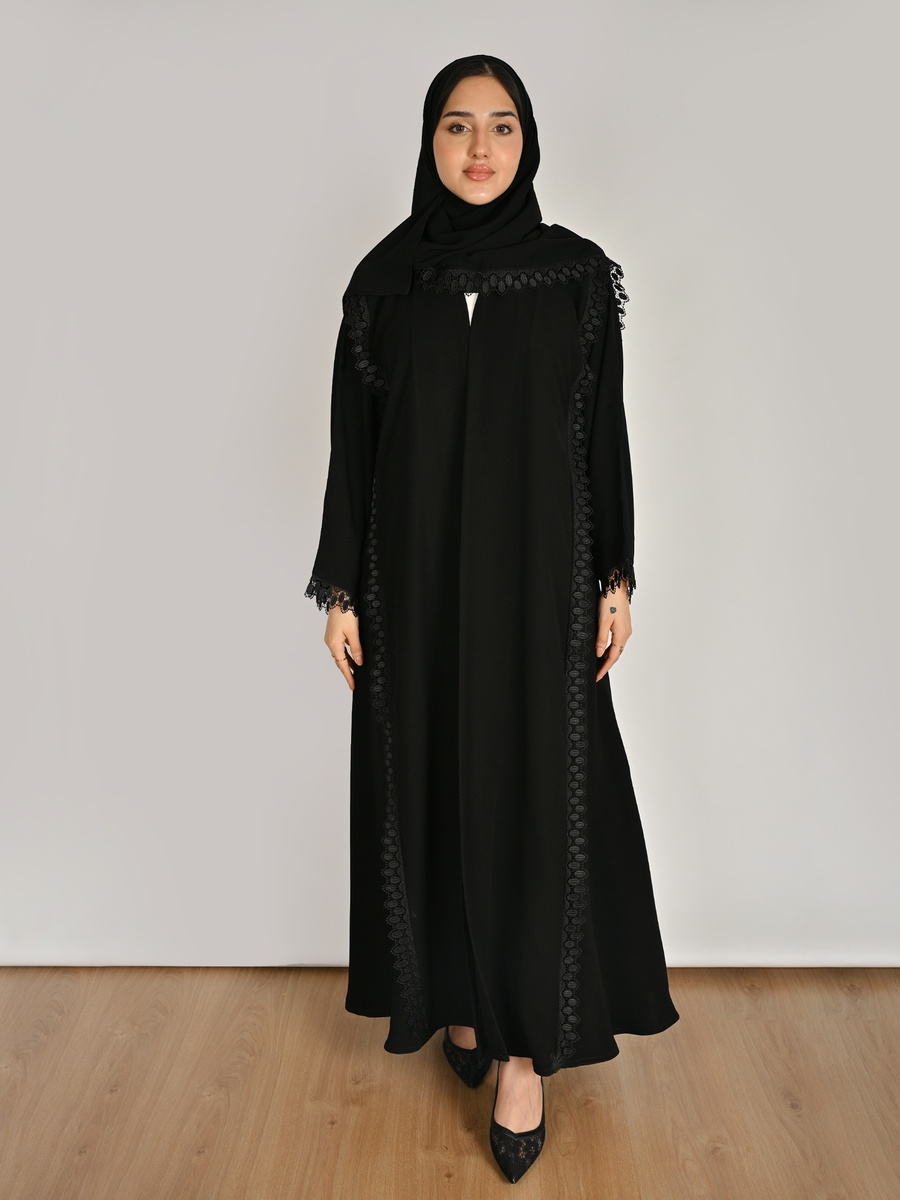 Black Wrap Abaya with Lace Trim
