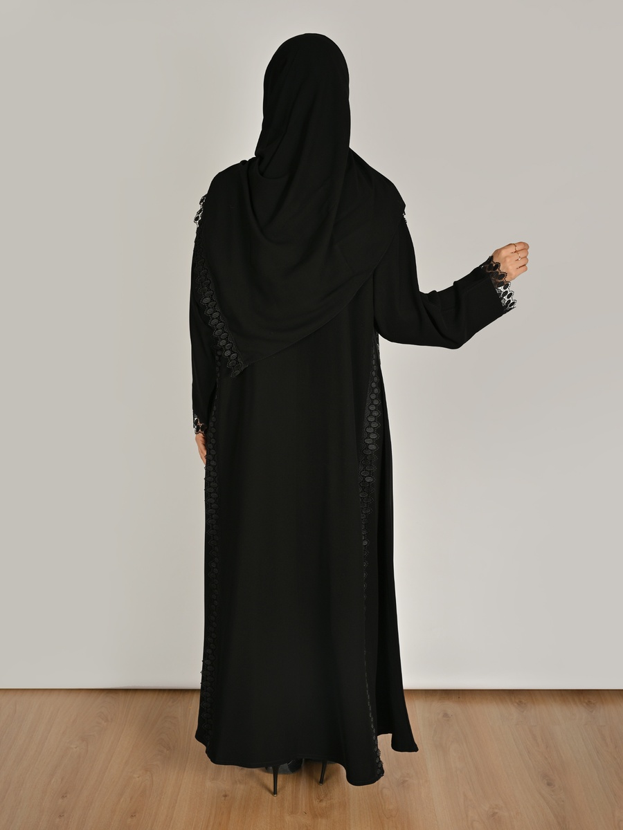 Black Wrap Abaya with Lace Trim