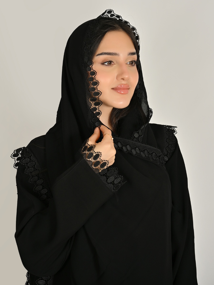 Black Wrap Abaya with Lace Trim