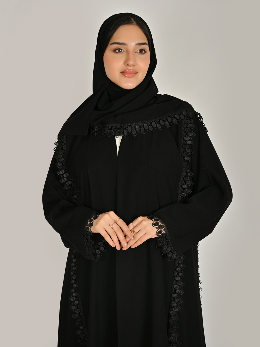 Black Wrap Abaya with Lace Trim