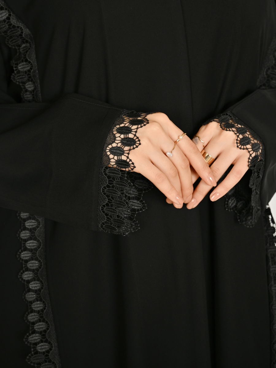 Black Wrap Abaya with Lace Trim