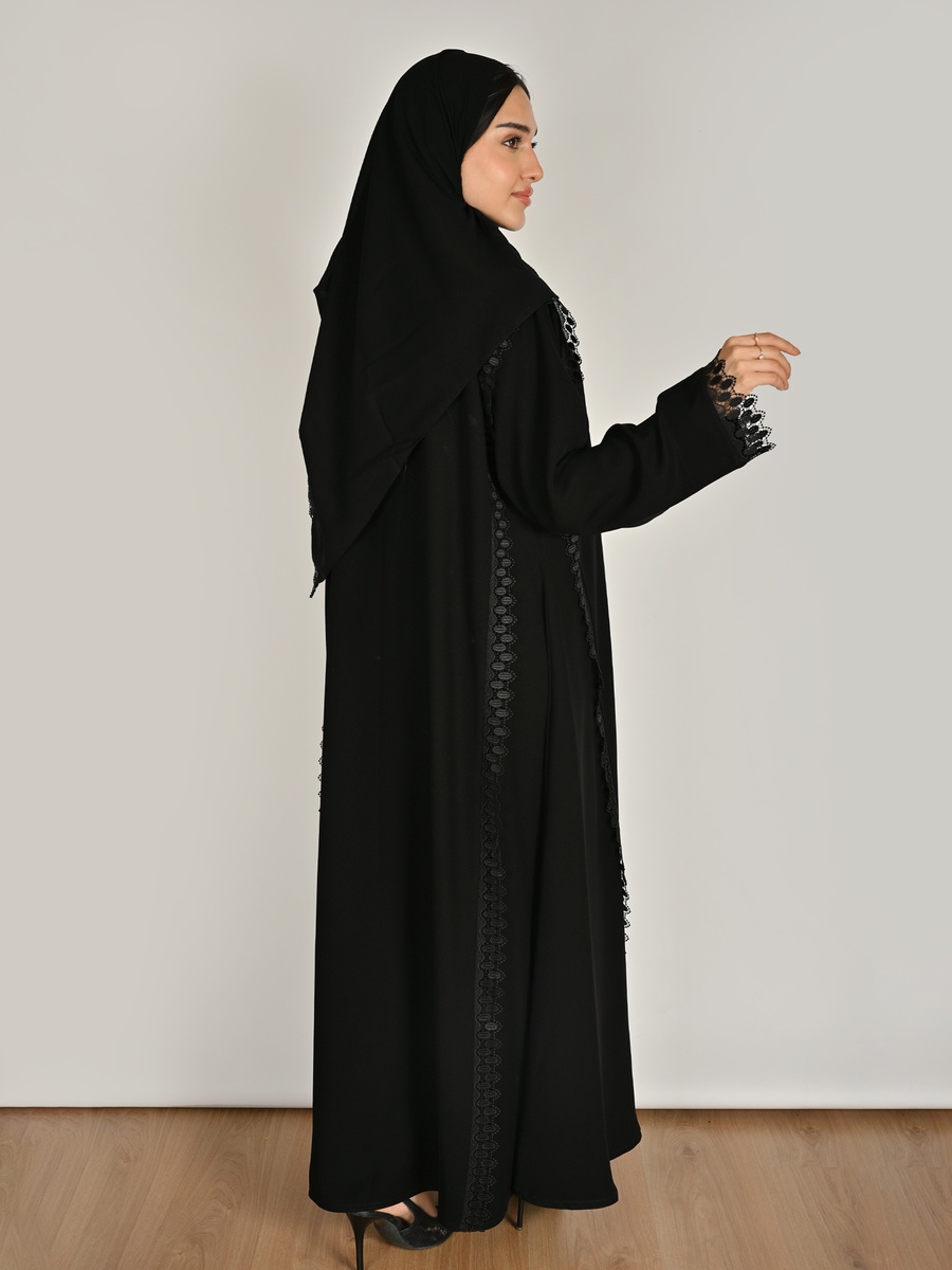 Black Wrap Abaya with Lace Trim