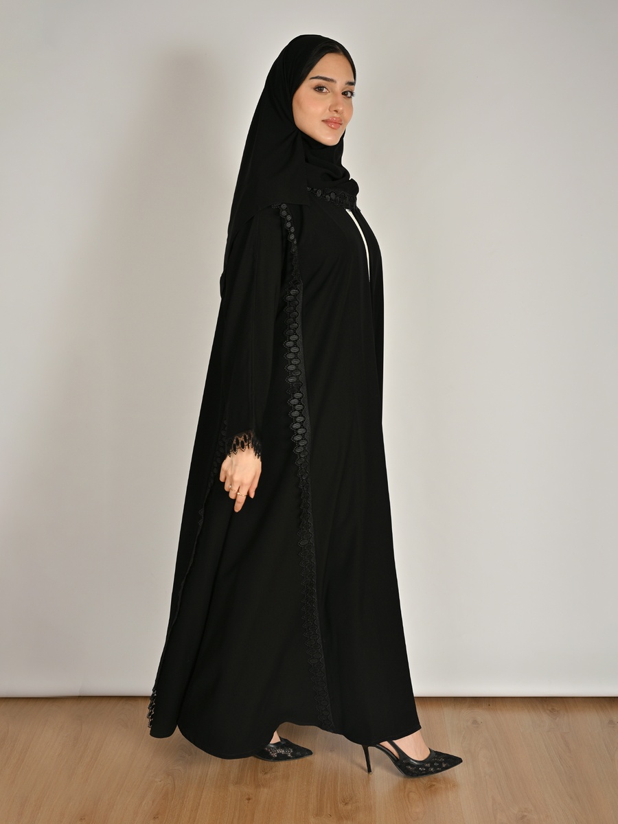 Black Wrap Abaya with Lace Trim