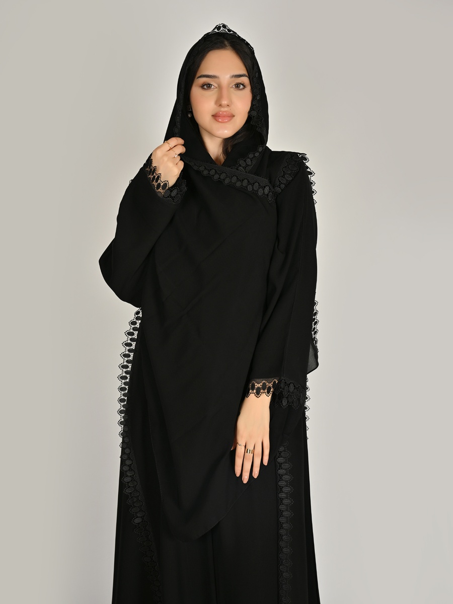 Black Wrap Abaya with Lace Trim