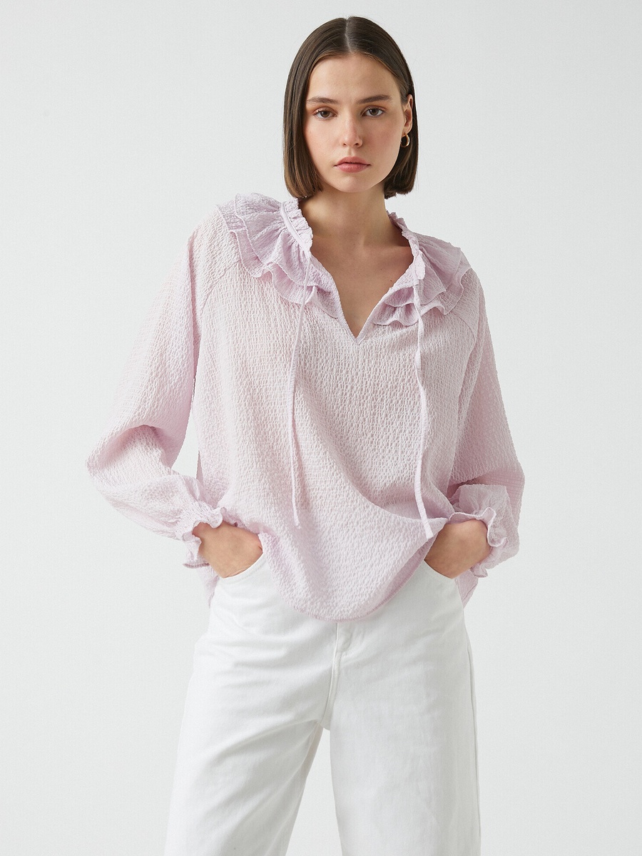 Ruffle Mandarin Collar Long Sleeve Blouse