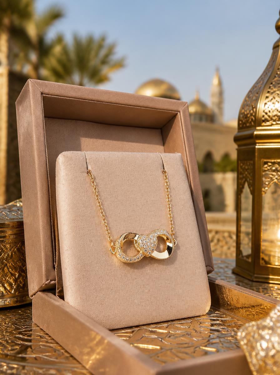 Gold Pave Heart Interlocking Ring Pendant Necklace