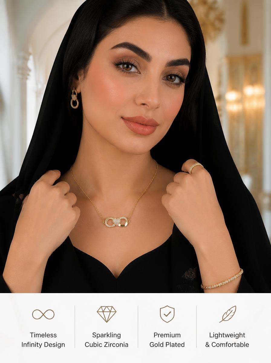 Gold Pave Heart Interlocking Ring Pendant Necklace