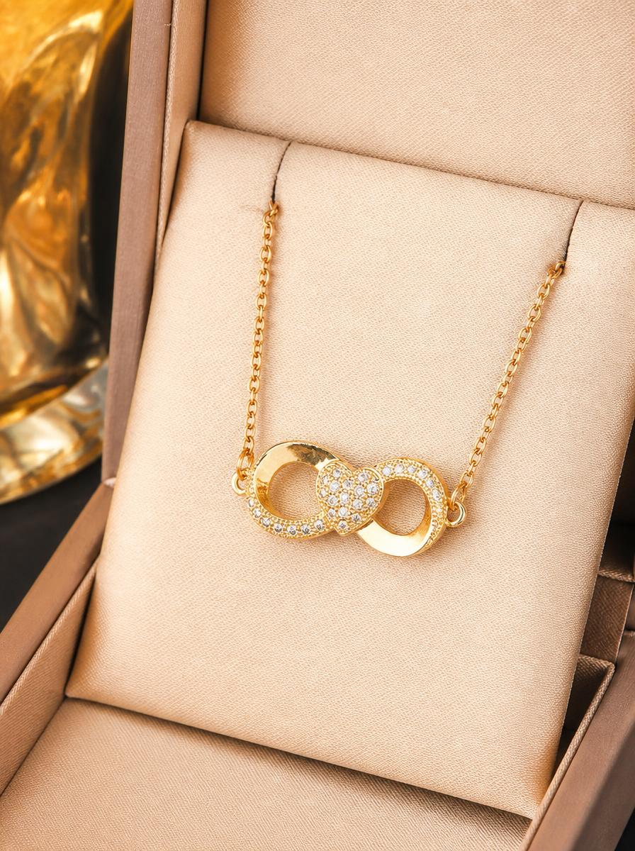 Gold Pave Heart Interlocking Ring Pendant Necklace