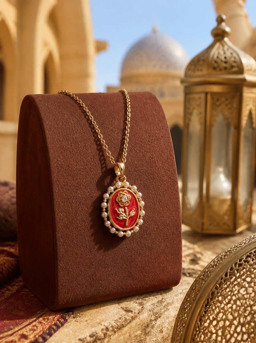 Red Enamel Rose Pearl Necklace