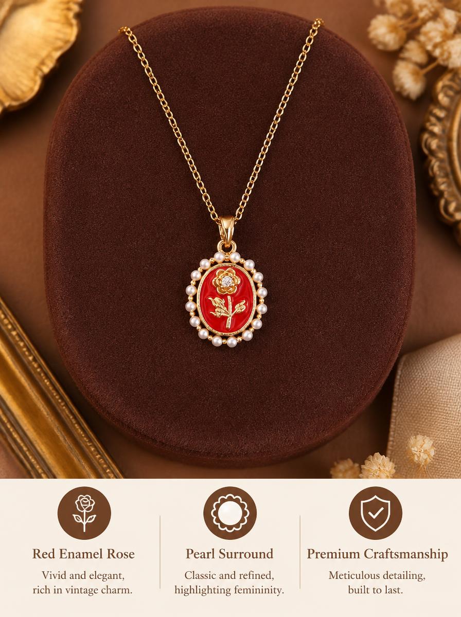 Red Enamel Rose Pearl Necklace