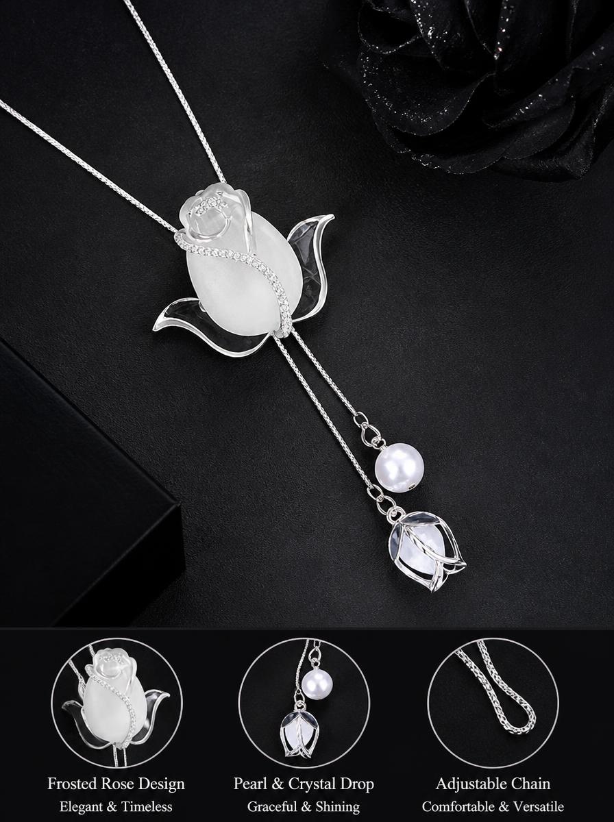 Silver Rose Pendant Necklace with Pearl Accent