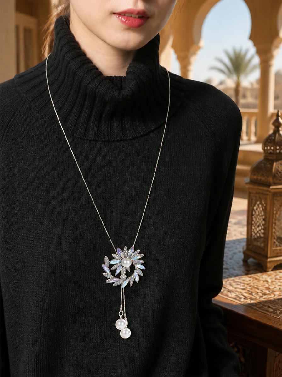 Silver Crystal and Pearl Long Pendant Necklace