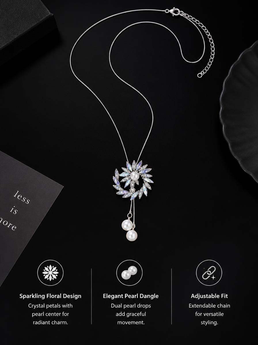 Silver Crystal and Pearl Long Pendant Necklace