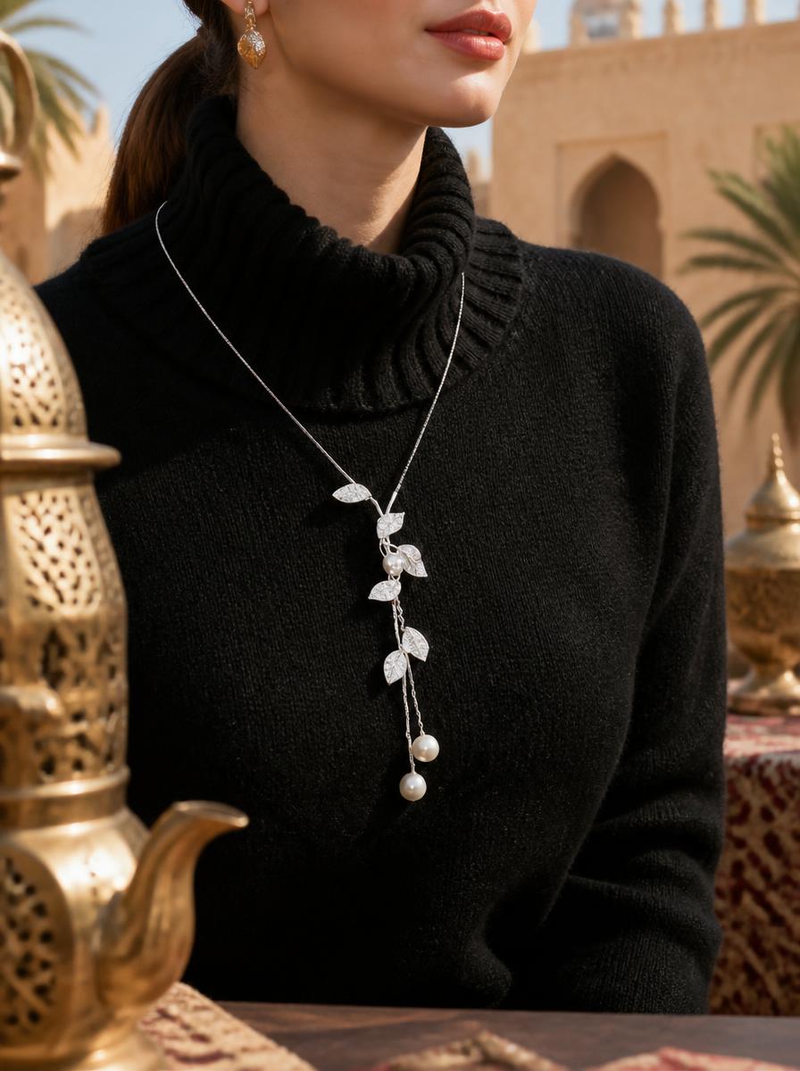 Silver Leaf and Pearl Drop Necklace