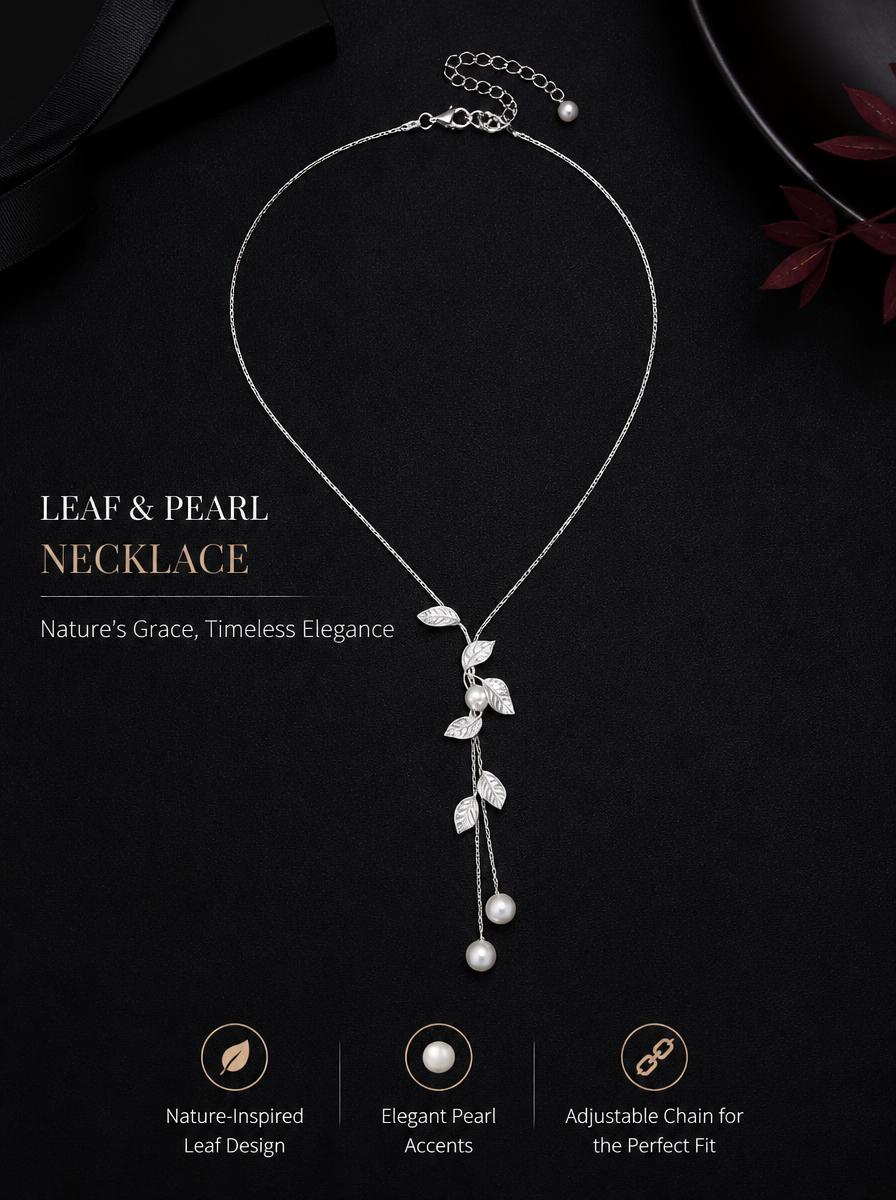 Silver Leaf and Pearl Drop Necklace