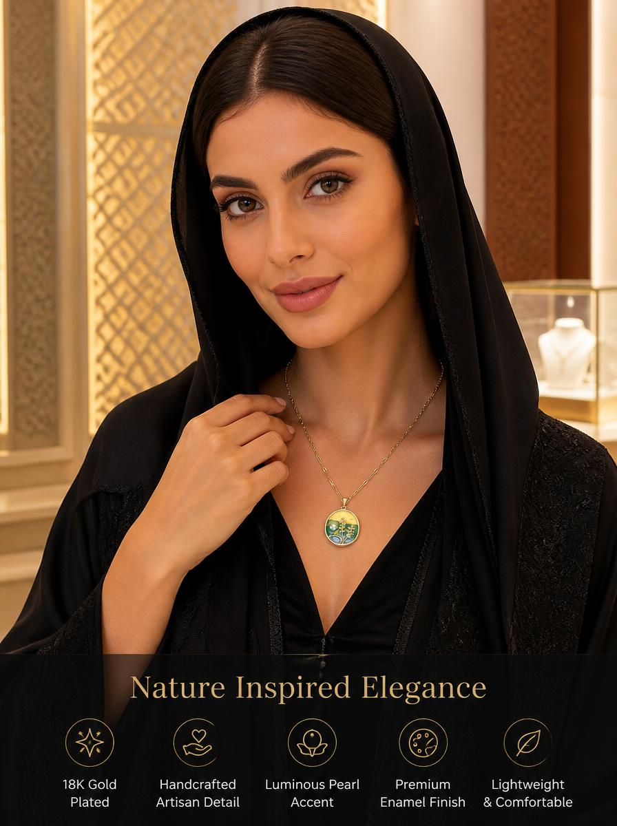 Gold Plated Desert Bloom Pendant Necklace with Pearl Accent