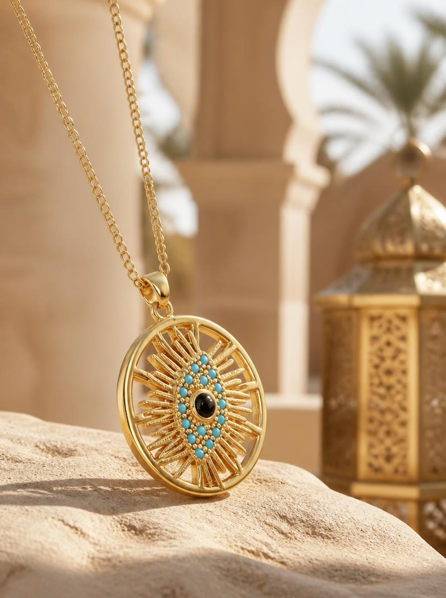 Gold Plated Evil Eye Sunburst Pendant Necklace
