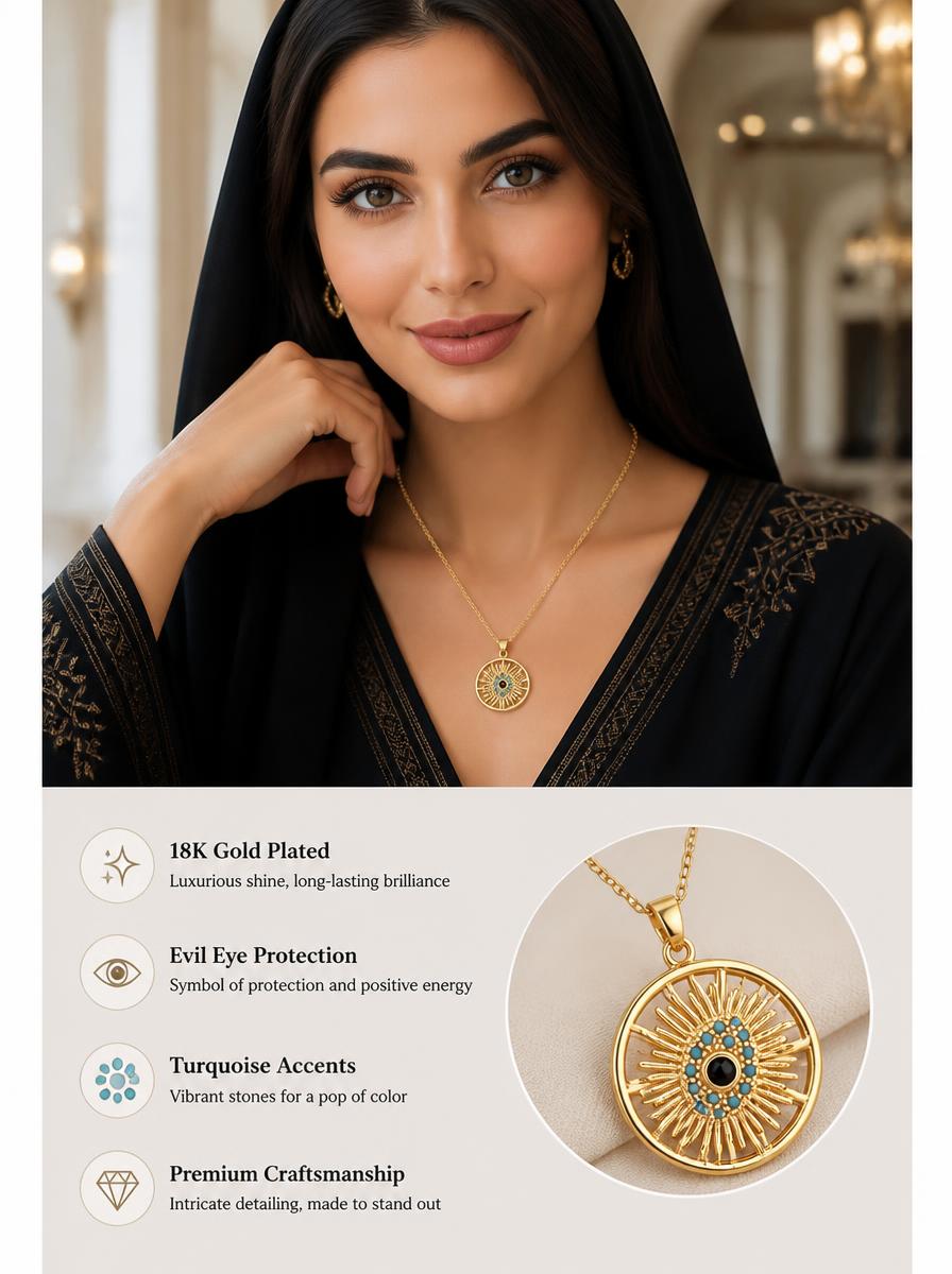 Gold Plated Evil Eye Sunburst Pendant Necklace