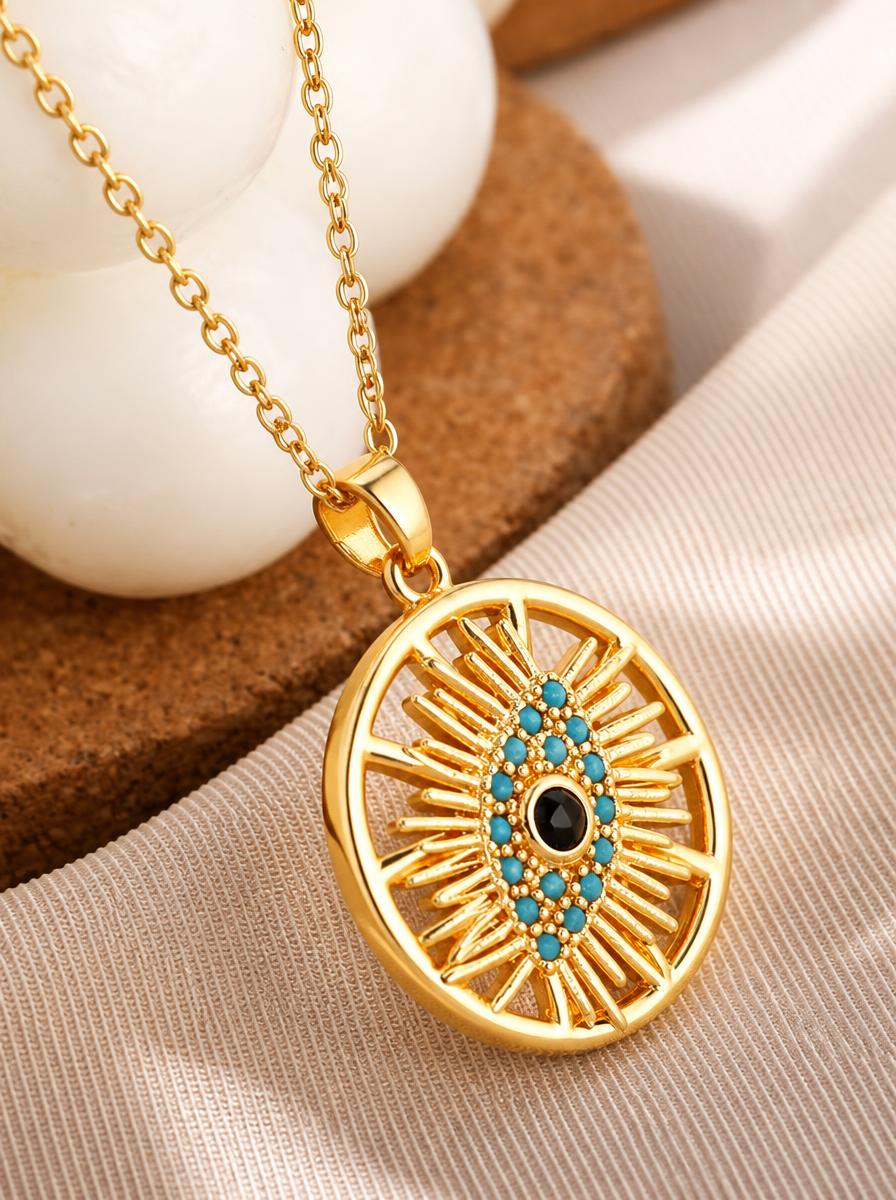 Gold Plated Evil Eye Sunburst Pendant Necklace