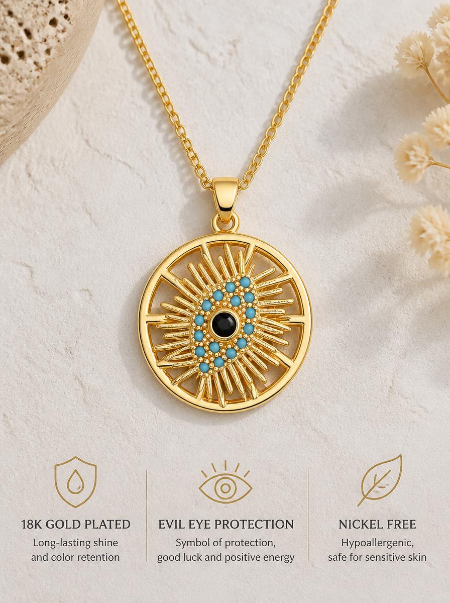 Gold Plated Evil Eye Sunburst Pendant Necklace
