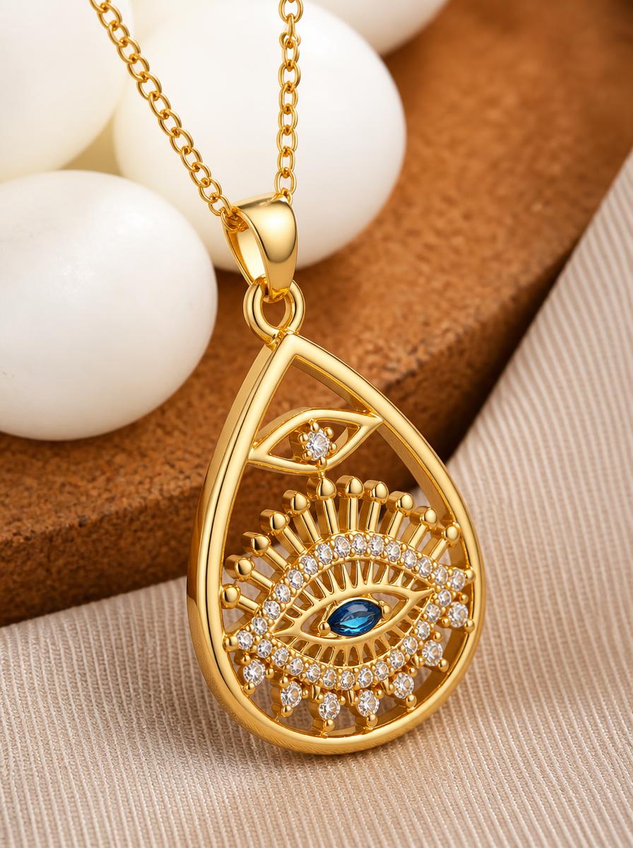 Gold Plated Evil Eye Charm Necklace with Zirconia