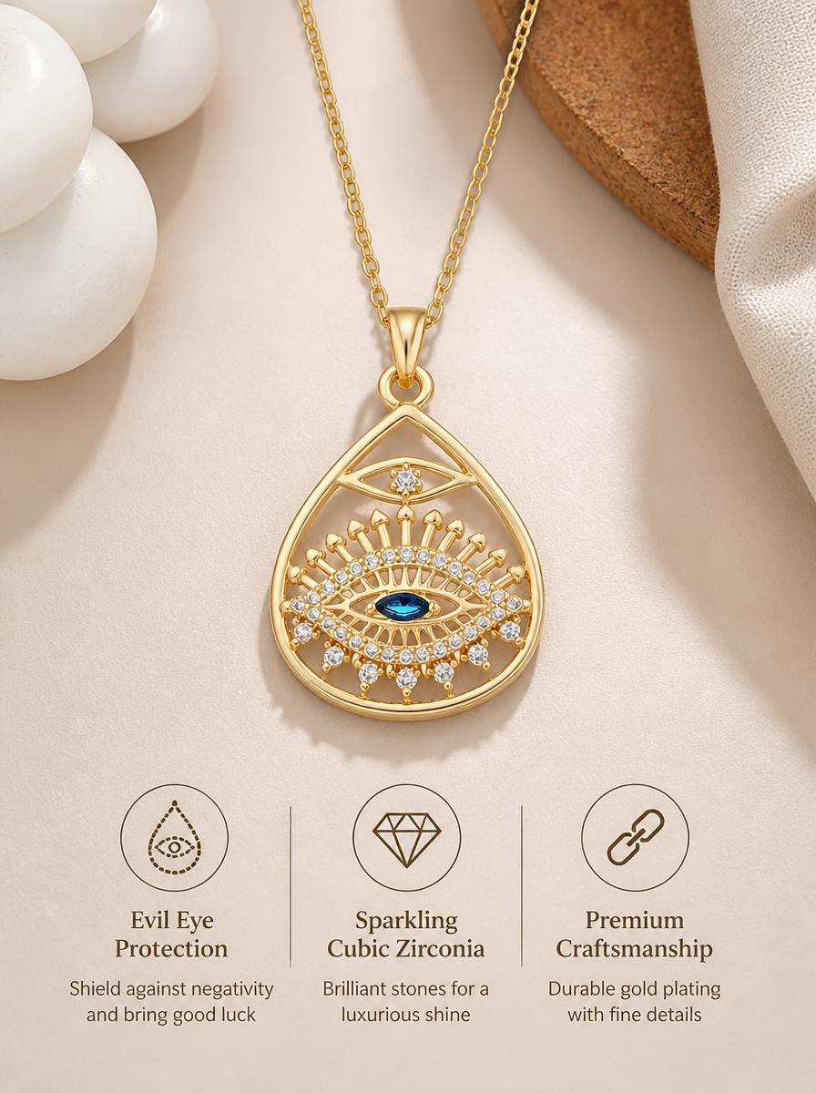 Gold Plated Evil Eye Charm Necklace with Zirconia
