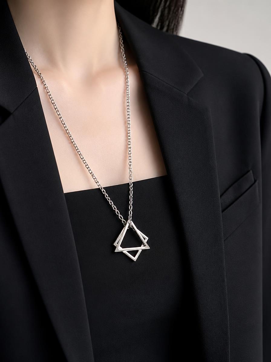 Double Triangle Geometric Silver Necklace